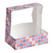 A rectangular bakery box with a clear window and a red, white, and blue patriotic USA print design.