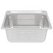 A white rectangular stainless steel pan with small holes in it.