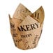 A brown tulip-shaped baking cup with a newspaper print design and the word 'BAKERY' prominently displayed.