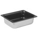 A close-up of a rectangular stainless steel Vollrath steam table pan with a black interior.