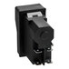 A black rectangular electrical switch with metal prongs and a white button on top.