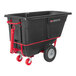 A black Rubbermaid tilt truck with red wheels.