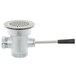 A T&S stainless steel waste drain valve with a lever handle and metal pipe.