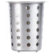 A silver stainless steel Vollrath flatware cylinder with holes.