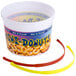 A 48 oz. plastic bucket of mini donuts with a label and handle.
