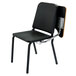 A black National Public Seating Melody stack chair with a left desk arm.