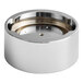 A round, metallic, chrome-colored component with a recessed center and two notches on the rim.