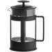 A glass and black French press coffee maker with a handle and a plunger lid.