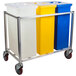 A Winholt mobile triple ingredient bin cart with blue and yellow plastic bins.