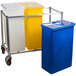 A Winholt mobile cart with three rectangular ingredient bins, one blue, one yellow, and one white.