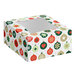 A square bakery box with a clear window on top, decorated with a festive ornament pattern in red, green, and gold colors.