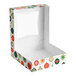 A festive, ornament-patterned bakery box with a clear window on the lid, shown open and empty.