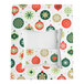 A festive bakery box with a clear window and a colorful ornament pattern in red, green, and gold.