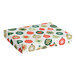 A rectangular box decorated with a festive ornament pattern in red, green, and gold colors.
