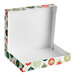 An open, empty white box with colorful ornament designs on the sides and lid.