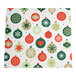 A sheet with a festive pattern of red, green, and gold Christmas ornaments featuring various designs on a white background.