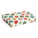 A rectangular box decorated with a festive ornament pattern in red, green, and gold colors.