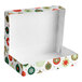 An open, rectangular bakery box with a festive ornament print in red, green, and gold colors on the exterior.