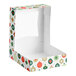 A festive bakery box with a holiday ornament pattern and a clear window on the lid, shown open and empty.