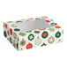 A rectangular box with a clear window on top, decorated with colorful Christmas ornament patterns in red, green, and gold.