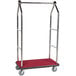 A stainless steel luggage cart with wheels and a clothing rail.