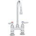 A chrome T&S deck-mounted faucet with gooseneck nozzle and lever handles.