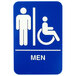 A blue sign with white text and a white figure in a wheelchair.