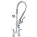 A T&S chrome deck-mounted pre-rinse faucet with a hose and sprayer.