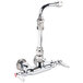 A silver T&S wall mount pet grooming faucet with a chrome vacuum breaker and hose attached.