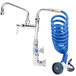 A T&S pet grooming faucet with a blue coiled hose.