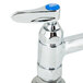 A T&S deck mount pet grooming faucet with blue handles and buttons.