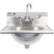 An Eagle Group stainless steel hand sink with a gooseneck faucet and standard handles over a basket drain.