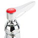 A T&S chrome pet grooming faucet with a red button on top.