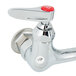 A T&S chrome pet grooming faucet with red handles and buttons on a white background.