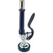 A silver and black wall mount pet grooming faucet with a metal device and blue pipe.
