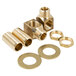 A group of brass threaded pipe fittings and nuts.
