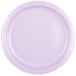 A close-up of a Creative Converting Luscious Lavender paper plate with a purple background.