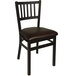 A BFM Seating black steel side chair with a dark brown cushion.
