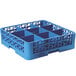 A blue plastic Carlisle glass rack with six compartments and a 1 extender.