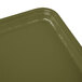 A close up of a rectangular olive green Cambro tray.