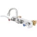 A T&S chrome wall mount faucet with gooseneck spout and wrist action handles.
