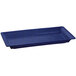 A blue speckled cast aluminum rectangular tray with handle.