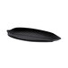 A black Elite Global Solutions leaf shaped platter with a curved pattern.