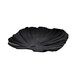 A black Elite Global Solutions palm leaf shaped melamine platter with a curved edge.
