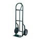 A green metal Harper hand truck with black solid rubber wheels.