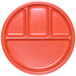 A red round Elite Global Solutions melamine plate with four compartments.