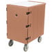 A beige Cambro mobile cart with black wheels and a metal frame.