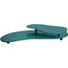 A hunter green cast aluminum two tiered platter on a blue table with two shelves.