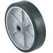 A Harper pallet truck wheel with a black rubber tire and white rim.