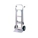 A close-up of the Harper Dual Pin Handle Wide Body Junior Aluminum Hand Truck with wheels.
